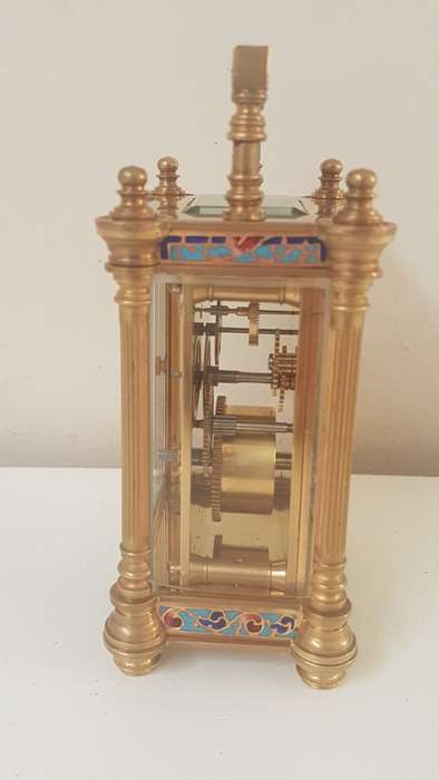 Fine French Art Nouveau Gold Champlevé Enamel Carriage Clock. Working with Key,  Leather Travel Box