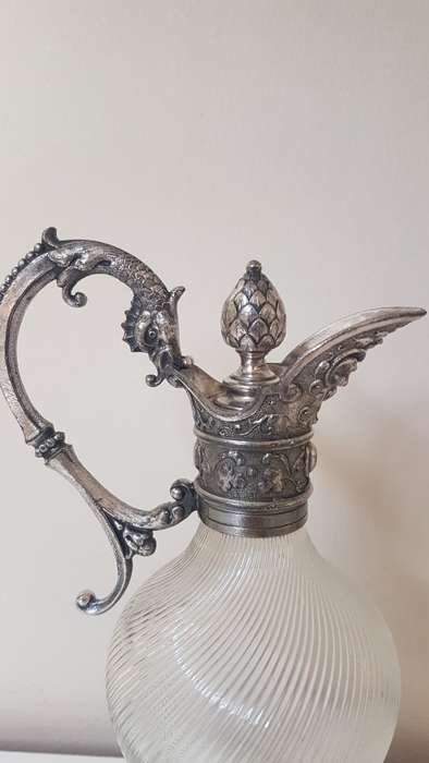 Claret Jug WMF Ornate Silver Plate and Swirled Glass. Acorn Stopper and Dragon Handle. Ex. condition