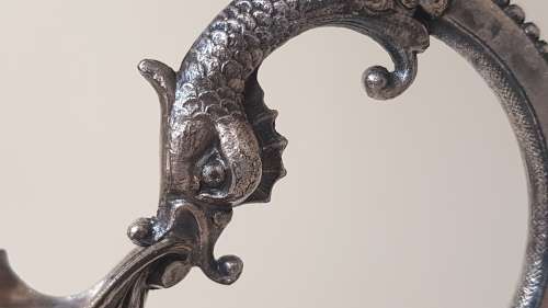 Claret Jug WMF Ornate Silver Plate and Swirled Glass. Acorn Stopper and Dragon Handle. Ex. condition