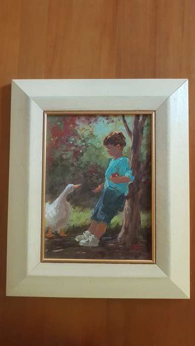 Lienkie Lombard (1949-) Mak Eend/ Boy with Duck. Original acrylic. Certificate of Authenticity.