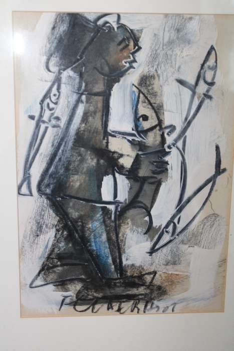 Frans Claerhout. Fisherman with fish.  Mixed Media Original Painting. Framed.