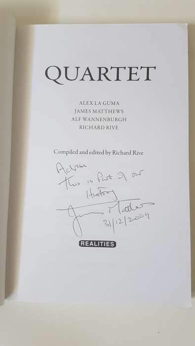 Quartet. Compiled and Edited by Richard Rive. SIGNED AND INSCRIBED BY JAMES MATTHEWS.
