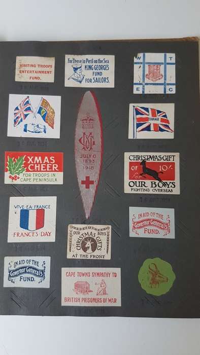 World War 1 Era Album with 165 Charity Labels/ Stickers  for War Effort + Rhodesia Lottery UNTOUCHED