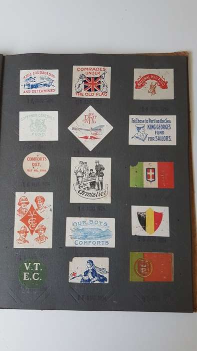 World War 1 Era Album with 165 Charity Labels/ Stickers  for War Effort + Rhodesia Lottery UNTOUCHED