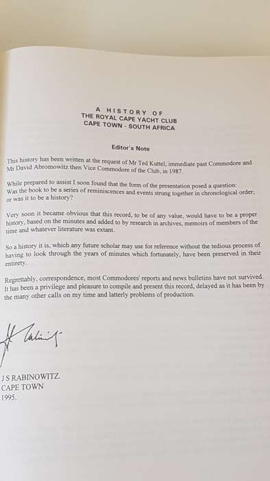A History of the Royal Cape Yacht Club 1904-1990. Signed, Inscribed, Dated by Author J.S. Rabinowitz