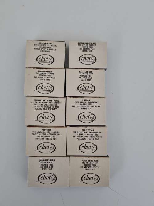 Complete Colour Photos Matchbox Set. South Africa by Machets. 10 full unused matchboxes in slipcase