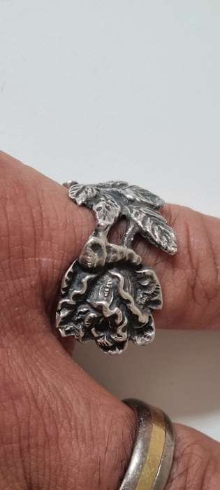 Rose and Leaves Stem Solid Silver Ring. Stunning detail!  7.1 grams heavy!  HAND MADE.
