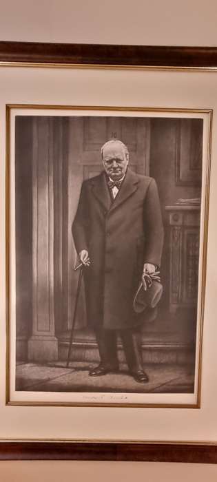 Mezzotint of Winston Churchill in front of No. 10 Downing Street in 1940. By Macbeth-Raeburn, Henry