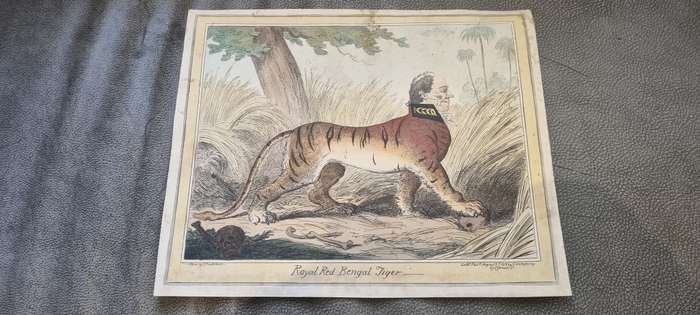 George Cruikshank (1792-1878). Original 1819 Hand Coloured Etching.  Royal Red Bengal Tiger.