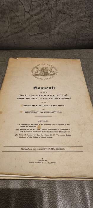 Harold Macmillan. THE FAMOUS WINDS OF CHANGE SPEECH. Full text souvenir.
