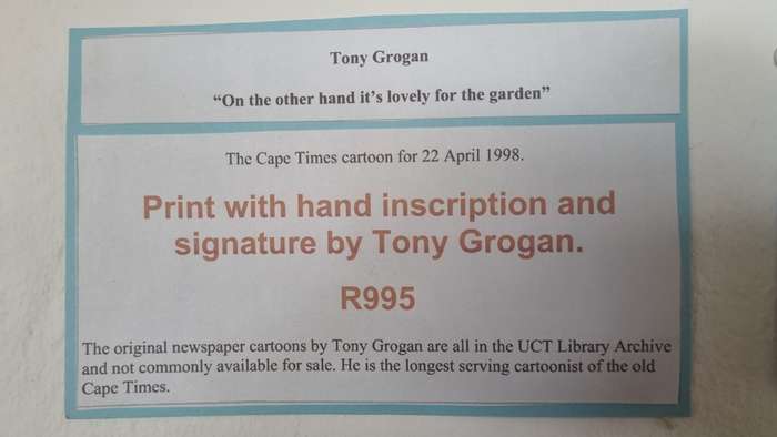 Tony Grogan. Cape Times Rugby Newlands cartoon with hand inscription and signature.