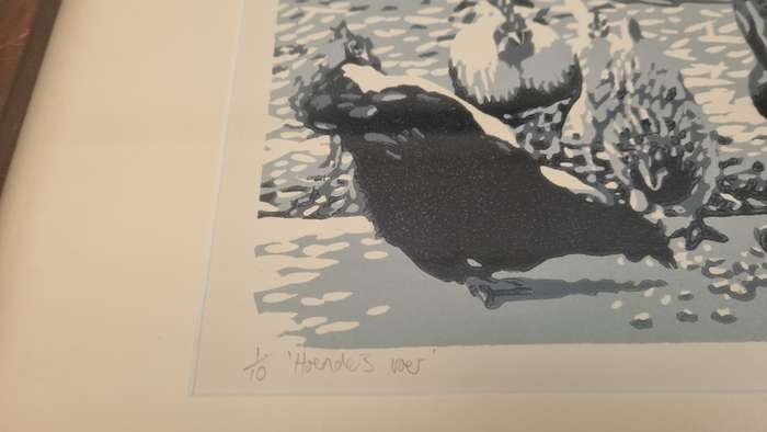 Joshua Miles. Hoenders Voer. Feeding Chickens. Limited 1/10 Reduction Linocut. NICE FRAME.