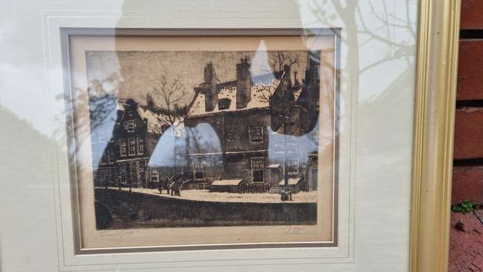 Tinus de Jongh Etching Kalverstraat Amsterdam in snow. Framed by Infinart!