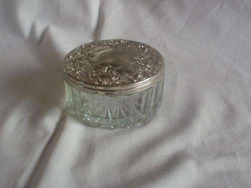 GLASS TRINKET BOX WITH SILVER PLATED LID ,MARKED AVROY SHLAIN