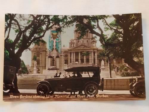 Town Gardens showing war Memorial and Town Hall Durban. Post Card