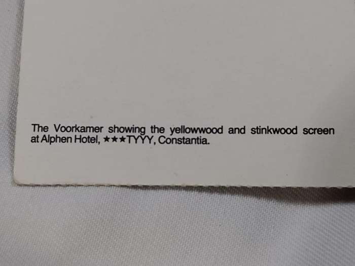 Postcard: Voorkamer showing the yellowwood and stinkwood screen at Alpen Park, Constantia