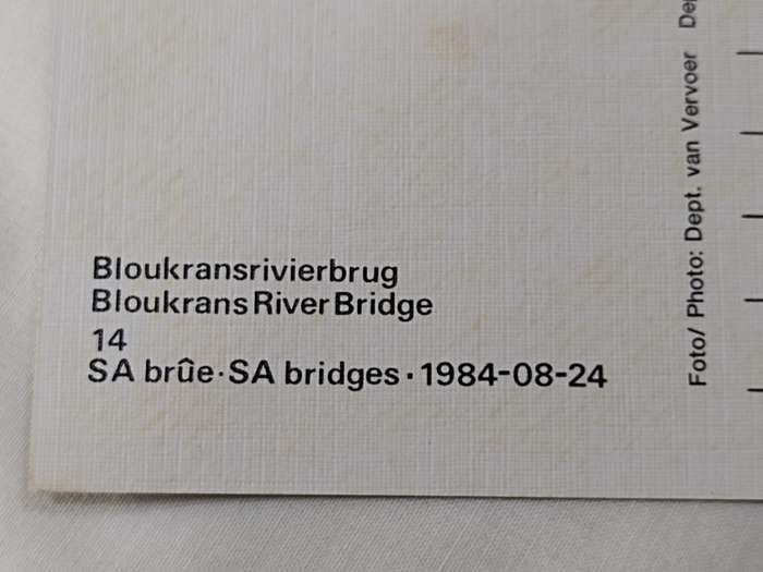 Postcards: SA Brue/SA Bridges 1984-08-24. RSA 11cents stamp.