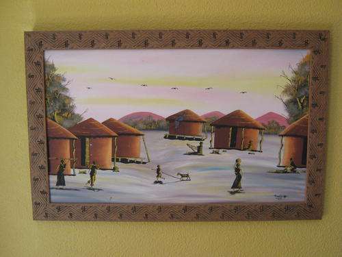 *****DOWNSIZING SALE*****  PAINTING & FRAME AFRICAN SCENE HUTS