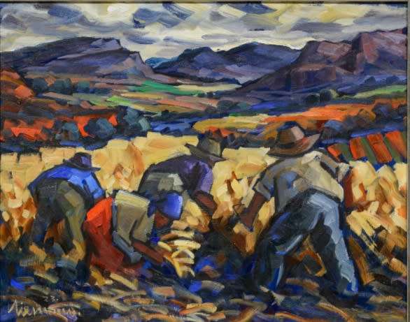 Hennie Niemann (SA Born 1941-) Grain Harvesters OIL