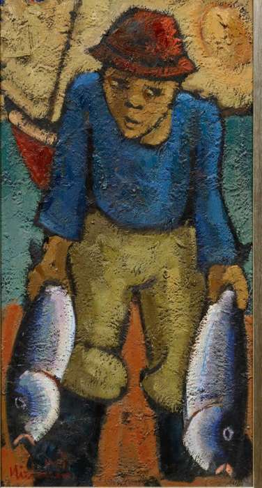 Hennie Niemann (SA Born 1941) OIL The Fisherman`s Lucky Day