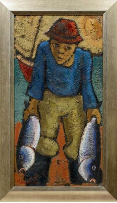 Hennie Niemann (SA Born 1941) OIL The Fisherman`s Lucky Day