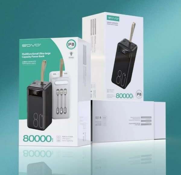 Sovo 80000Mah Power Bank With Built-In 3 Cables And +Led Flashlight