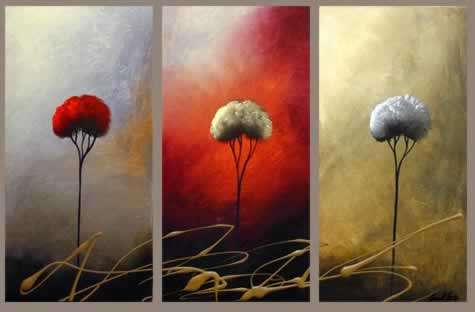 Handmade Canvas Oil Painting 120cmx80cm Three Flowers Red Grey Cyan CQ029