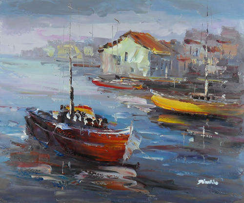 Hand-painted Stock Signed Oil Painting 24"x20" Seascape Dock Boats Terminal HT64