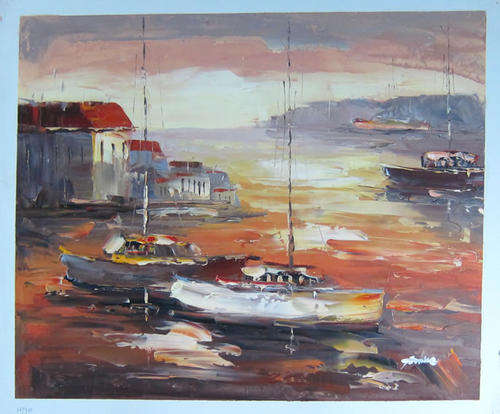 Hand-painted Stock Signed Oil Painting 24"x20" Seascape Dock Boats Terminal HT95
