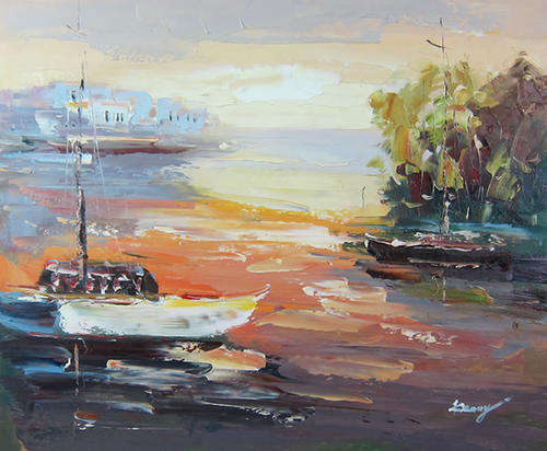 Hand-painted Stock Signed Oil Painting 24"x20" Seascape Dock Boats Terminal HT186