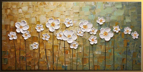 Hand-painted Heavy Texture Oil Painting 120cmx60cm White Flowers Abstract Deco Art HB027