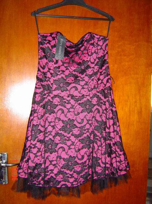 Cocktail bright pink and black lace boob tube dress