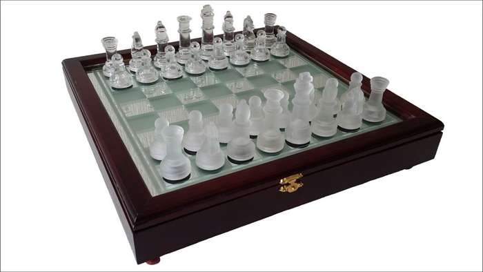 Glass Chess Set In Wood Case | 35cm x 35cm Glass Board | Clear & Frosted Solid Glass Pieces