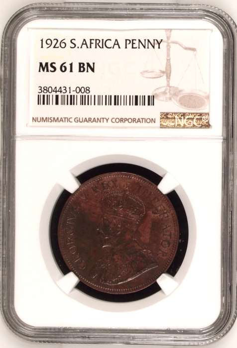S. Africa: 1926 KGV 1 Penny NGC Certified MS61BN