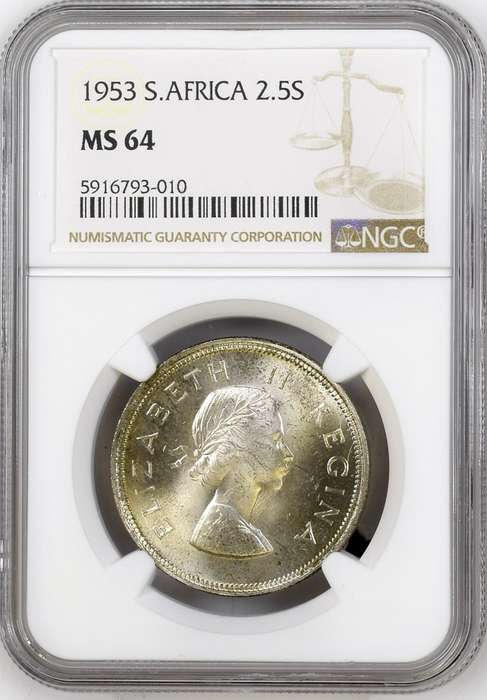 S. Africa: 1953 QEII 2.5 Shillings (Halfcrown) NGC Certified MS64