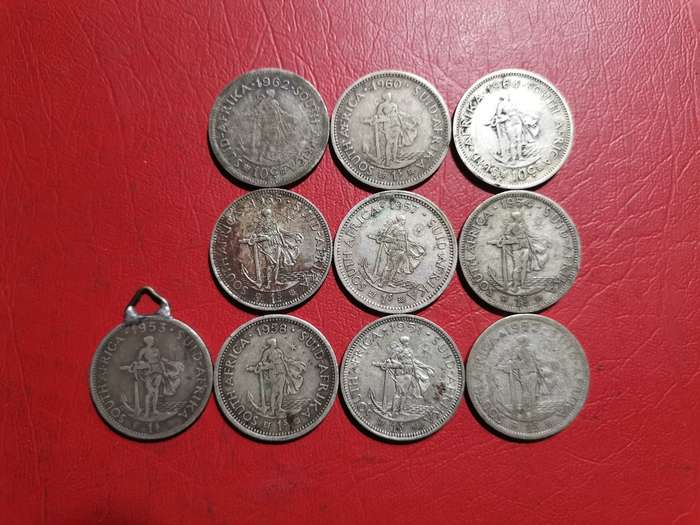 10 X SA UNION SILVER 1 SHILLINGS. 50% SILVER. BID PER COIN TO TAKE ALL 10.