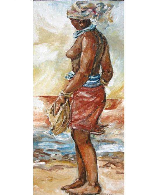 "Xhosa woman gathering mussels" 800 x 400mm! SPECIAL!  Original oil by IRMA DE WAAL Ready to hang!