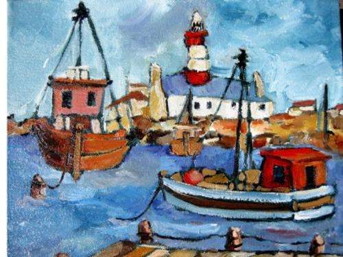 WOW! "Fish trailers and lighthouse" Colourful and original oiI by IRMA DE WAAL Hang as is!!