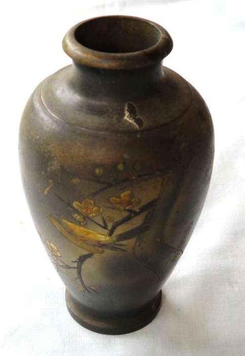 1930'S METAL VASE-GILDED ORIENTAL PATTERN-SPARROW & MAGNOLIAS-VERY GOOD CONDITION