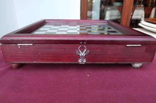 Chess Game Set in Wooden Case - complete - bokkie badge on side - graffiti on bottom