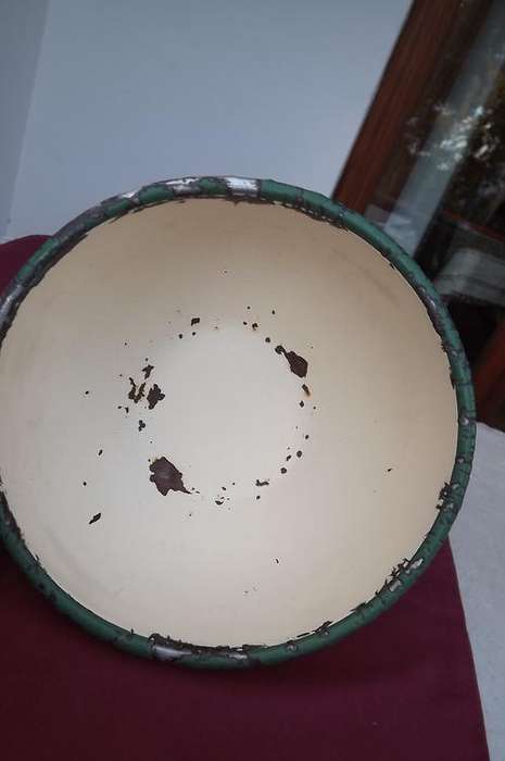 Antique Cream Enamel Bowl - dented - diameter 19.5cm