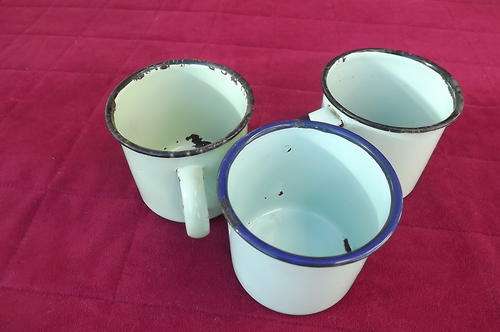 Lot of 3 vintage enamel mugs-2 light blue and 1 light green