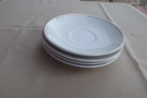 Set of 4 white porcelain saucers with gilded rims - used condition. By Barker Bros England.