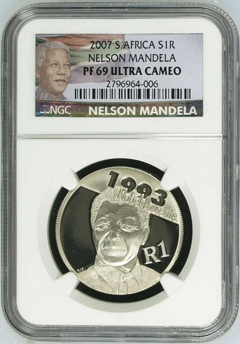 **2007 PROTEA NELSON MANDELA 1993 NOBEL LAUREATE PF69 NGC GRADED SILVER R1**COLOR LABEL**