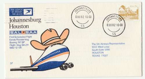 1982 RSA SAA JHB-Houston SA 211 First Flight Commemorative Cover 37