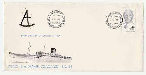 1975 RSA Last Voyage S.A. Oranje CT/Durban Ship Society of SA Commemorative Cover