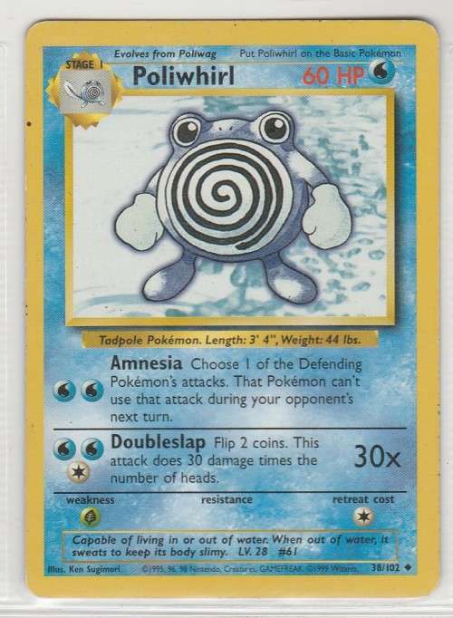 1995, 96, 98 Nintendo Creatures GAMEFREAK Pokemon - Gen I Base Set - Poliwhirl 38/102 - Uncommon