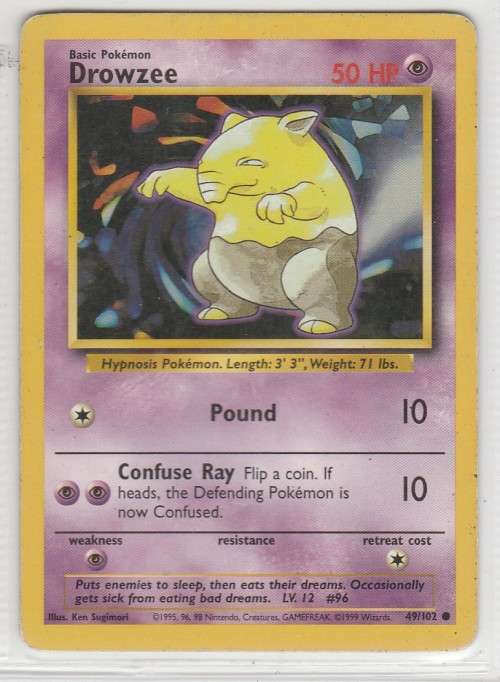 1995, 96, 98 Nintendo Creatures GAMEFREAK Pokemon - Gen I Base Set - Drowzee 49/102 - Common