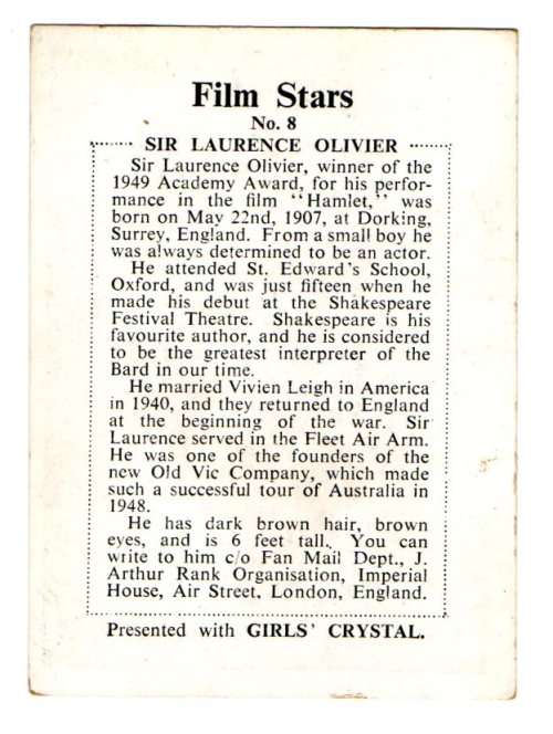Sir Laurence Oliver - Presented with Girls` Crystal