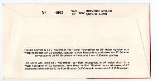 1987 RSA SA Air Force (SAAF) 70th Anniversary Maj. Miller 1917 Recruiting Tour # 4002 /6 000 Commemo